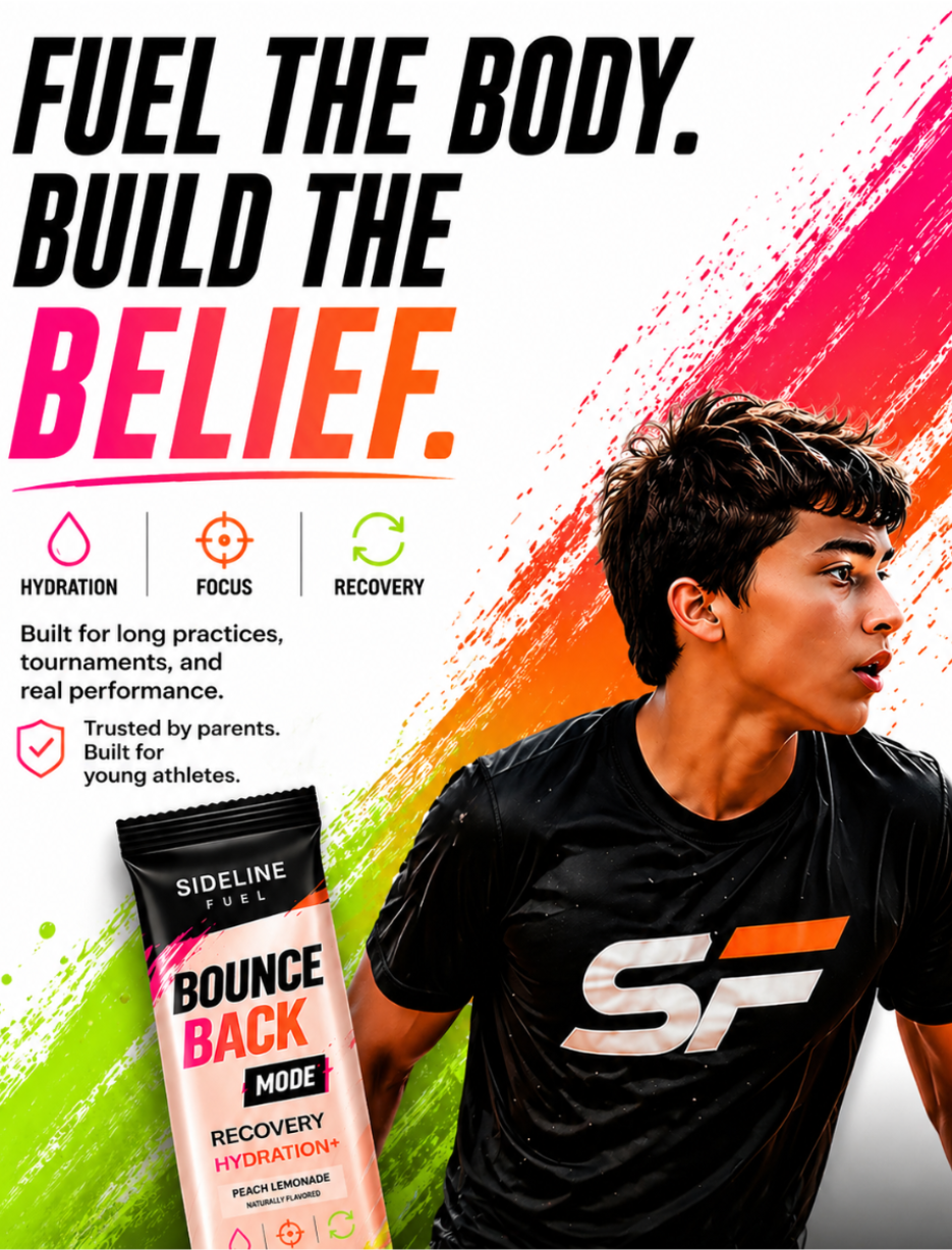 Person wearing a black sports jersey with 'SF' logo, holding a 'Bounce Back' recovery product, against a colorful background with motivational text.